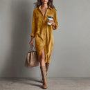 Retro Chic Women Midi Dress Corduroy Fabric Lapel Collar Popular Button Front Loose Fit Long Sleeve Comfy Casual Daily Outfit