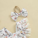 Toddler Girls Floral Bunny Print Lace Trim Flutter Sleeve Romper with Bow Headband Easter Outfit Set 2 Pieces