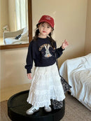 Korean Girls 2024 Navy Blue Cute Rabbit Sweatshirt+ White Lace Cake Skirt Girl 2pcs Cotton Set Fashion Baby Spring Autumn Outfit