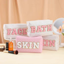 Patch Cosmetic Bag Stitched Letters PU Leather Waterproof Cosmetic Bag Travel Organizer for Women Teen Girls Makeup Bags New