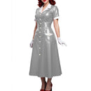 Elegant Women Midi Dress Shiny PVC Leather Turn-down Collar Patchwork Single-Breasted Long Dress Party Club  A-line Female Dress