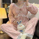 冬季新款毛绒柔软保暖女士睡衣蕾丝V领长袖两件套女甜美纯色公主家居服