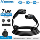 Khons 7KW电动汽车电缆Type2转Type2电动汽车充电32A电动汽车电缆Type2母头转公头EVES充电站5米电缆TPU IP65