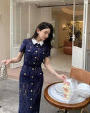 The Cobalt Lace | Floral Lace Patchwork Midi Dress with Retro Turn-Down Collar