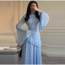Fashion Flare Sleeve Ruff Long Dress Women Solid O-neck High Waist Slim Pleated Maxi Dresses 2025 Lady Summer Chic Party Robes
