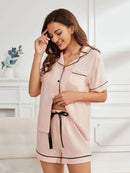Summer Women's Pajamas Sets Short Sleeve Notched Collar Top Tee Button Down Elastic Waist Shorts Home Suit Loungewear Sleepwear