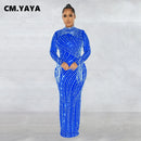CM.YAYA 女式网纱流苏长袖水钻紧身中长款长裙和吊带内搭连衣裙两件套