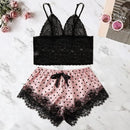 Women Sexy Lace Pajamas Set Silk Satin Sleepwear Summer V-neck Sleeveless Pijama Faux Silk Homewear Red Heart Print Nightwear