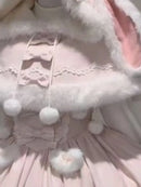 Japanese Lolita Two Pieces Set Women Sweet Patchwork Furry Slip Dress + Sweet Cute Rabbit's Ears Hooded Cape Coat JK Bow Suit