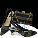 Venus Chan High Heels Shoes for Women Embroidery Rhinestone Italian Design Gold Color Pointed Toe Shoes and Bags Set Fashio