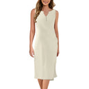 Breathable Summer Women Midi Dress Linen Blend Notch V Neck Dress Button Sleeveless Loose Fit Dresses Comfy Casual Beach Outfit