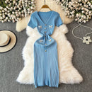 Elegant Knitted Long Dress Women Summer V Neck Single Breatsed Short Sleelve Bodycon Dresses Fashion Party Office Lady Vestidos
