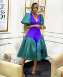 Couture Contrast Color Mid Calf Women Blazer Dresses V-neck Short Puffy Sleeves Fashion Women Dress Many Color Available