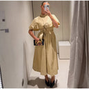 Women Trench Style Midi Dress Stand Collar Cape Overlay Short Sleeve Belted Waist A‑Line Dresses Autumn Elegant Office Outfits
