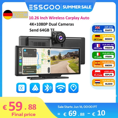 ESSGOO 10.26英寸无线CarPlay和Android Auto行车记录仪ADAS 4K DVR蓝牙音频AUX GPS导航车载视频记录仪