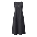 Breathable Summer Women Midi Dress Linen Blend Notch V Neck Dress Button Sleeveless Loose Fit Dresses Comfy Casual Beach Outfit