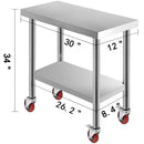 SucceBuy Stainless Steel Kitchen Prep Table With 4 Caster Wheels Backsplash Loads Up to 100KG-300KG for Home Storage Rack Dining