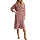 Retro Chic Women Midi Dress Corduroy Fabric Lapel Collar Popular Button Front Loose Fit Long Sleeve Comfy Casual Daily Outfit
