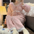 冬季新款毛绒柔软保暖女士睡衣蕾丝V领长袖两件套女甜美纯色公主家居服