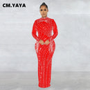 CM.YAYA 女式网纱流苏长袖水钻紧身中长款长裙和吊带内搭连衣裙两件套