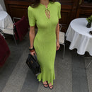 TARUXY Short Sleeve Knitted Long Dress Female Slim Hollow Retro Elegant Sweater Dress 2025 Summer New High Waist Women‘s Dress