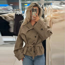 Chic Grid Belt Women's Coat Double Breasted Lapel Lace-Up Long Sleeve Lady Coats 2026 Autumn Fashion Female Vintage Jacket Lady