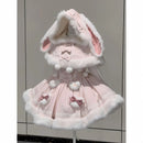 Japanese Lolita Two Pieces Set Women Sweet Patchwork Furry Slip Dress + Sweet Cute Rabbit's Ears Hooded Cape Coat JK Bow Suit