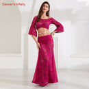 Winter Girls Women Belly Dance Flared Sleeves Top Splicing Skirt Competition Dance wear Lady Oriental Indian Dance Lace Clothes