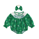 Adorable Infant Easter Bunny Print Ruffle Sleeve Romper with Matching Bow Headband 2 Piece Set for Baby Girls