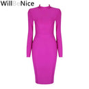 WillBeNice Vintage Office Lady Fuchsia Bandage Dress Fashion Women Long Sleeve Dress Bodycon Zipper Slim Elastic Luxury Dresses