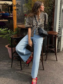 Leopard Print Shirt For Women Bow Lace Up O-neck Short Puff Sleeve Female T-shirt 2024 Summer Fashion All-match Street Lady Tops