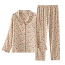 Spring New Ladies Pajamas Set Heart Printed Crepe Cotton Double-layer Gauze Turn-down Collar Long-sleeve Trousers Household Wear