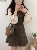 可爱迷你新年约会连衣裙无袖背心女韩日系复古格子纽扣衬衫连衣裙11021