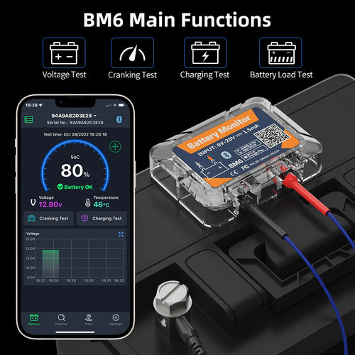 QUICKLYNKS BM6 Wireless Bluetooth 4.0 12V Battery Monitory with Car Battery Health Check APP Monitoring Battery Tester