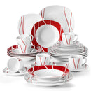 MALACASA Series Felisa 30 Piece Red Stripes Ivory White Porcelain Dinner Set with 6 Piece Cups Saucers Dessert Soup Dinner Plate