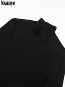 Nsauye Casual Women Pullover Turtleneck Black Elegant Long Sleeve Midi Dress Ruffles Sexy Party Evening Night Club Dress 2026
