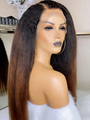 Natural Hairline 200 Density Ombre Brown Yaki Human Hair Kinky Straight Lace Front Wig for Women Baby Hair Pre Plucked Glueless