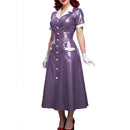Elegant Women Midi Dress Shiny PVC Leather Turn-down Collar Patchwork Single-Breasted Long Dress Party Club  A-line Female Dress