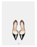 New red toe exposed seam, side empty shallow mouth, sexy professional black patent leather pointed heel high-heeled shoes 33-46
