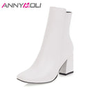 ANNYMOLI粗高跟短靴方头冬季靴女短靴拉链女士秋鞋白色黑色红色尺码33-43