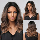 JONRENAU Middle Long Straight Hair with Bangs Ombre Brown to Blonde Wig Dark Roots Synthetic Wigs for Women Heat Resistance Hair
