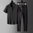 夏季超薄五件套冰丝麻西服男式棉麻两件套宽松中袖T恤运动服