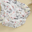 Toddler Girls Floral Bunny Print Lace Trim Flutter Sleeve Romper with Bow Headband Easter Outfit Set 2 Pieces