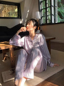 秋冬新款翻领开衫女士两件套冰丝柔滑睡衣女士简约纯色优雅女式套装