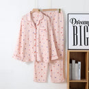 Spring New Ladies Pajamas Set Heart Printed Crepe Cotton Double-layer Gauze Turn-down Collar Long-sleeve Trousers Household Wear