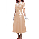 Elegant Women Midi Dress Shiny PVC Leather Turn-down Collar Patchwork Single-Breasted Long Dress Party Club  A-line Female Dress