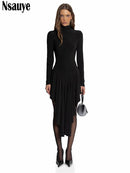 Nsauye Casual Women Pullover Turtleneck Black Elegant Long Sleeve Midi Dress Ruffles Sexy Party Evening Night Club Dress 2026