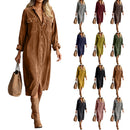 Retro Chic Women Midi Dress Corduroy Fabric Lapel Collar Popular Button Front Loose Fit Long Sleeve Comfy Casual Daily Outfit
