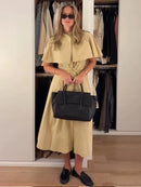 Women Trench Style Midi Dress Stand Collar Cape Overlay Short Sleeve Belted Waist A‑Line Dresses Autumn Elegant Office Outfits