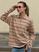 Bornladies Spring Summer New Women's Retro Striped Polo Collar Oversized Long Sleeve T - Shirt Trendy Casual Loose Basic Top